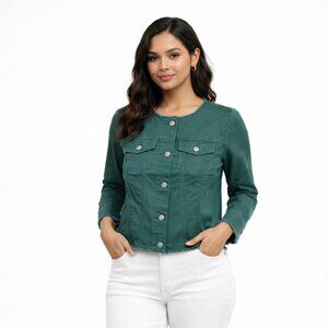 Talbots Petite Green Denim Jacket MP Frayed Hem Cropped